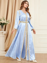 Ramadan Satin 2 Piece Caftan Set Muslim Abaya Solid Tape Trim Full Sleeve V-Neck Elegant Sashes Turkish Arabic Dresses Light Blue Dress